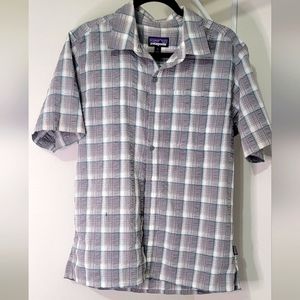 Patagonia Men Shirt Plaid Button Up Size Medium Sear Sucker Organic Cotton Blend